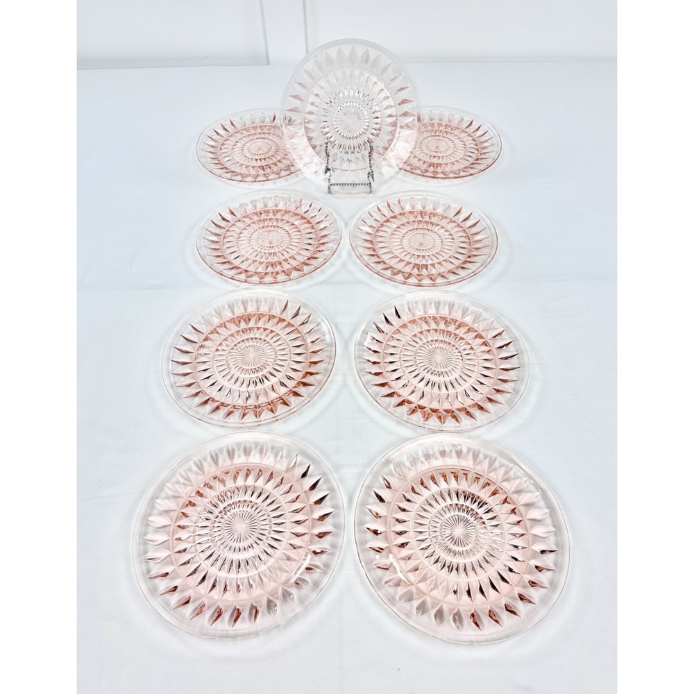 9 Vintage Jeannette Windsor Pink Depression Glass 9 in Dinner Plates 1930s Set
